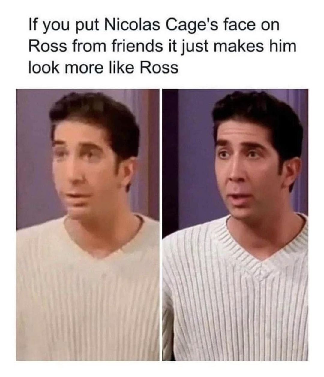 可能是 2 個人和顯示的文字是「 If you put Nicolas Cage’s face on Ross from friends it just makes him look more like Ross 」的圖像